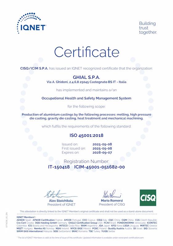 Certificato IQNet: ISO 45001